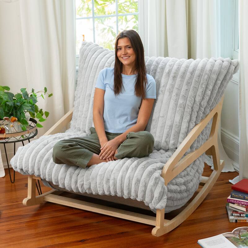 Pillow Saxx Bean Bag Rocking Chair - Elegant Oversized Rocker with Modern Wood Frame - Mondo Fur Grey
