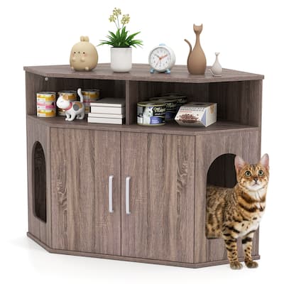 Grey Engineered Wood Cat Litter Box Cabinet with Storage and Corner Design