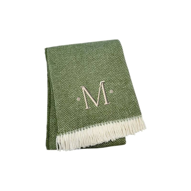 HomeRoots 55" X 70" Moss Green And White Herringbone Cotton Blend M Initial Throw Blanket with Tassels And Embroidery