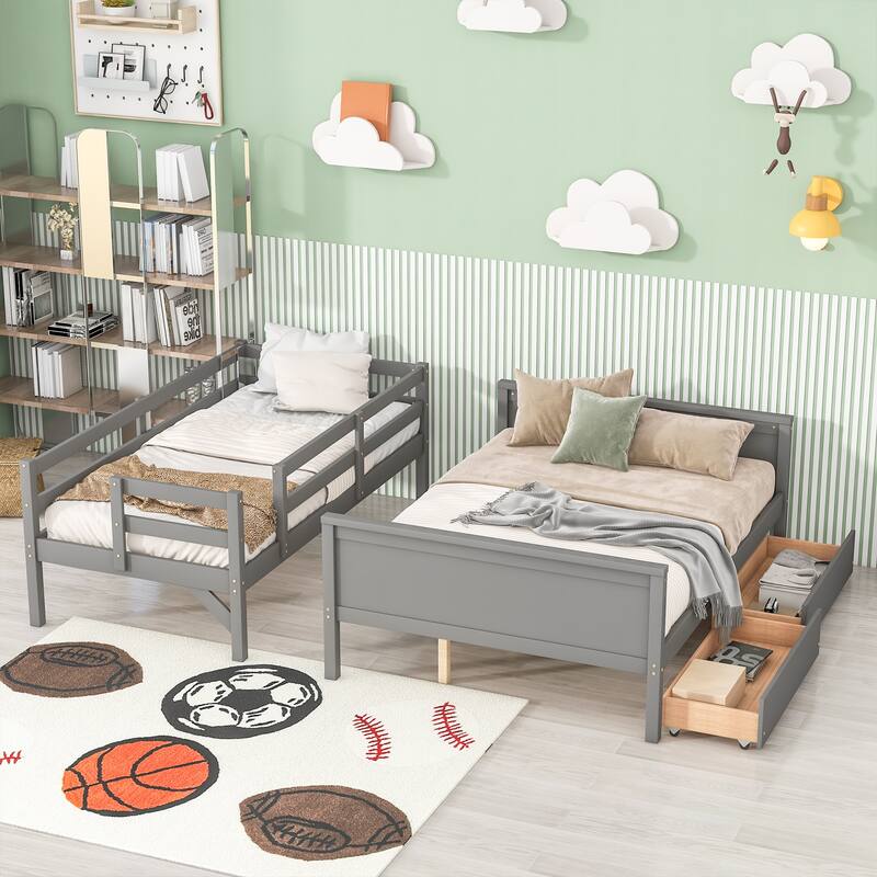 Twin over Full Bunk Bed with Solid Slats, Detachable Wood Beds Frame