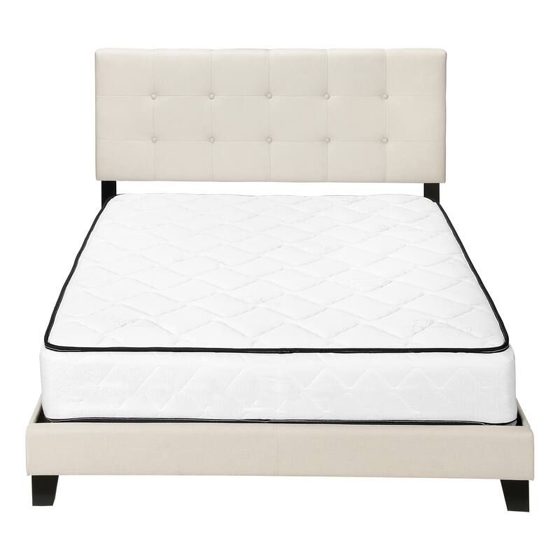 Queen Size Upholstered Platform Bed with Tufted Headboard and Black Wood Legs