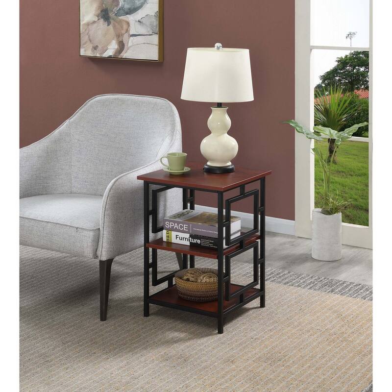 Square Metal End Table - Modern Accent Table with Shelf - Living Room Side Table - Black Cherry Finish - 24.25 in.