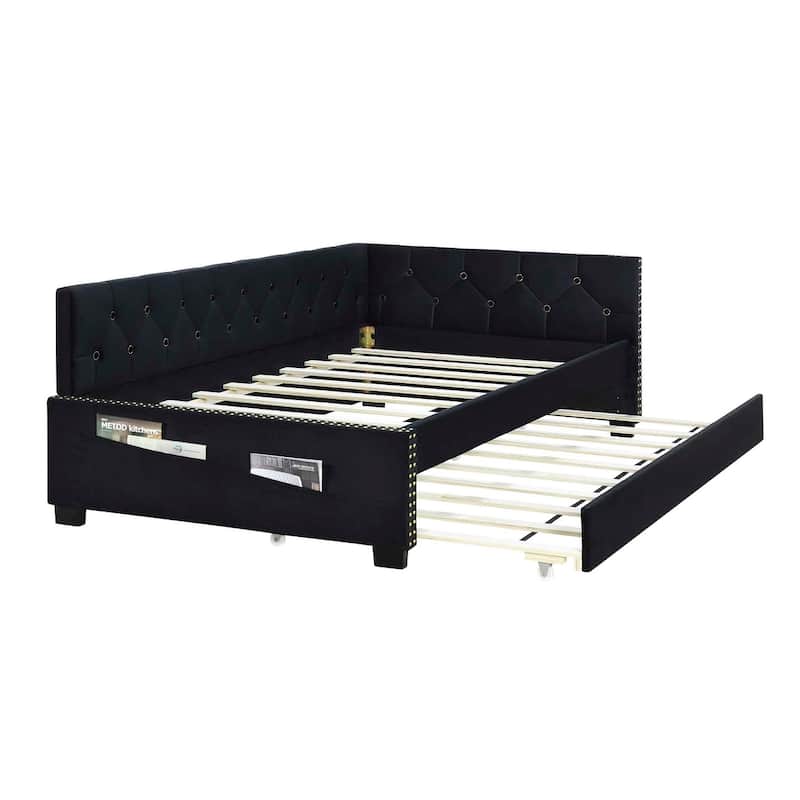 Black Twin Size Velvet Upholstered Daybed with Trundle and Button Design Backrest
