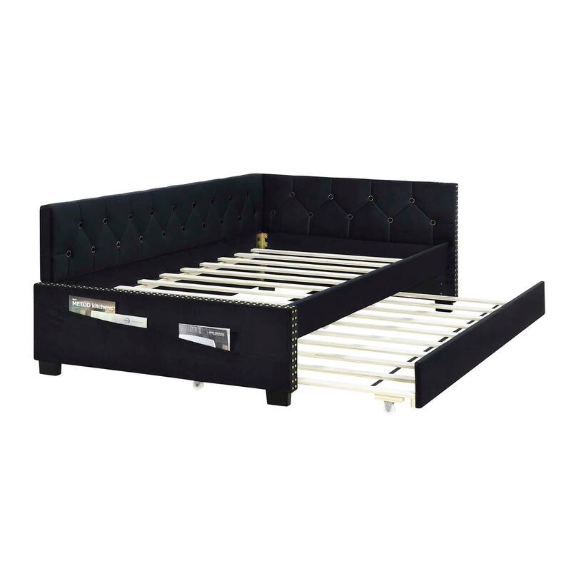 Twin Size Velvet Daybed with Trundle and Button Backrest