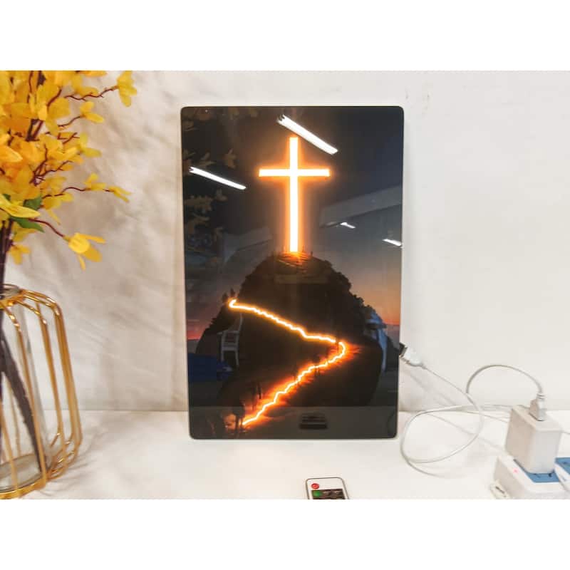 Christian Cross LED Wall Art - Acrylic UV Printed Light Up Religious Picture with Remote Control