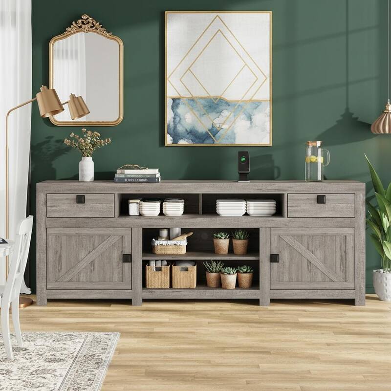 Farmhouse TV Stand, with 4 Storage Drawers & 3 Open Shelf - Grey