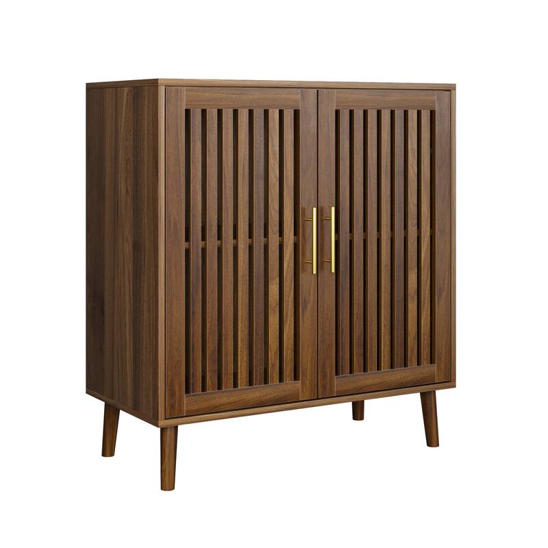 Roomfitters Mid-Century Modern Storage Cabinet with Vertical Slat Doors, Sideboard Buffet Organizer with Gold Handles, Walnut
