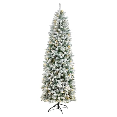 7ft. Slim Flocked Fir Artificial Christmas Tree with 300 Warm White LED Lights & 995 Branches - Sleek Winter Holiday X-Mas Glow