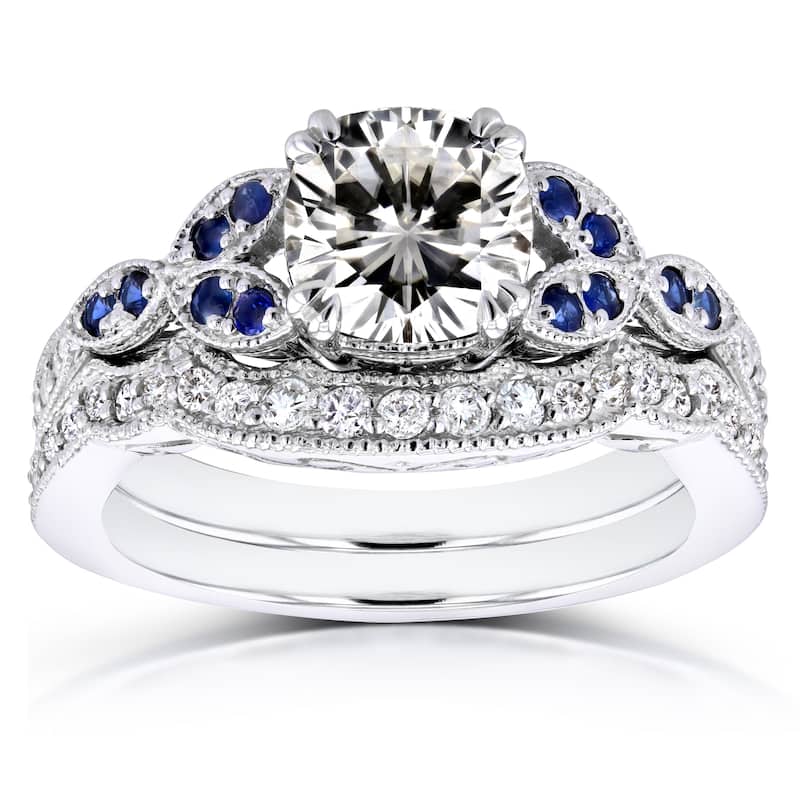 Kobelli 1.5 Carats Mixed Stone Solid 14k White Gold Cushion Floral Blue Accent Iris 2pc Bridal Set