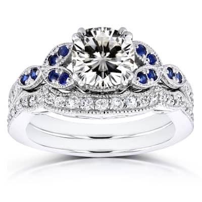 Kobelli 1.5 Carats Mixed Stone Solid 14k White Gold Cushion Floral Blue Accent Iris 2pc Bridal Set