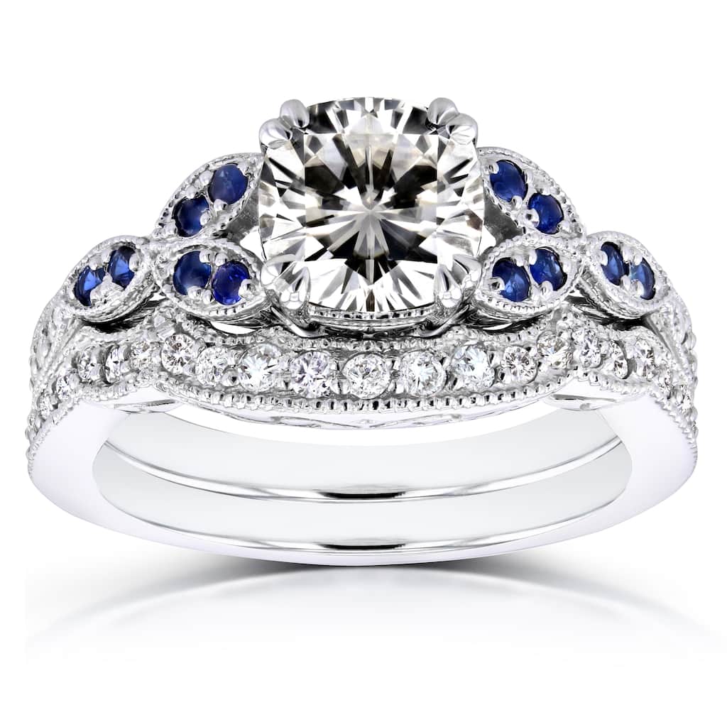 Kobelli 1.5 Carats Mixed Stone Solid 14k White Gold Cushion Floral Blue Accent Iris 2pc Bridal Set