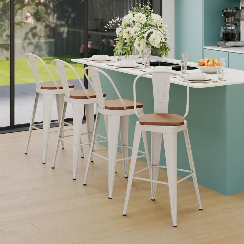 Swivel Counter Stools with Metal Frame Farmhouse Counter Chairs with High Back 24" Kitchen Bar Furniture Stools with Wooden Seat