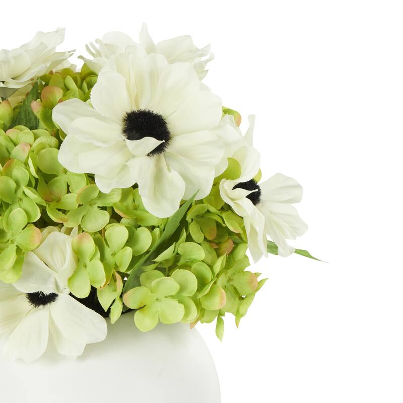Fabric Artificial Flower with Green Leaves and Round Ceramic Vase - White - Roche River Decor
