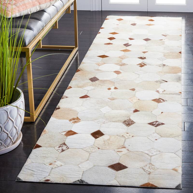 SAFAVIEH Flatweave Studio Leather Semiye Modern Rug - 2'3" x 9' Runner - Ivory/Brown