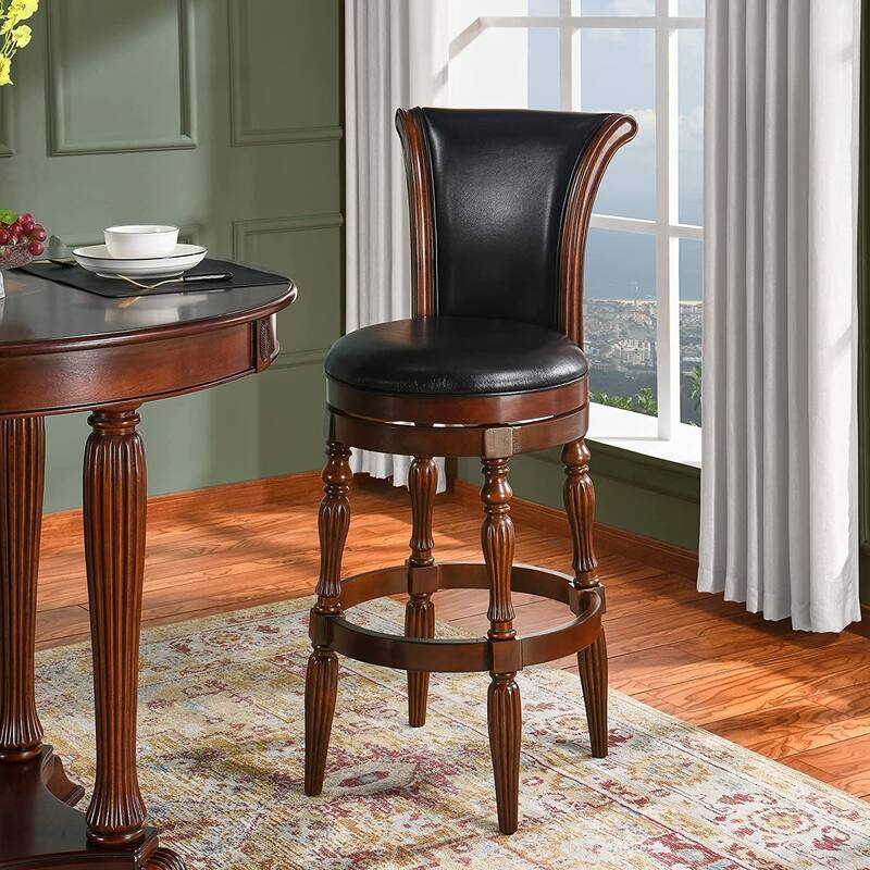 Solid Wood Swivel Bar Stool Carved Hardwood Rotatable Pub Height Stools
