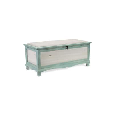 36" Teal Green and White Distressed Bench Chest with Seat Cushion