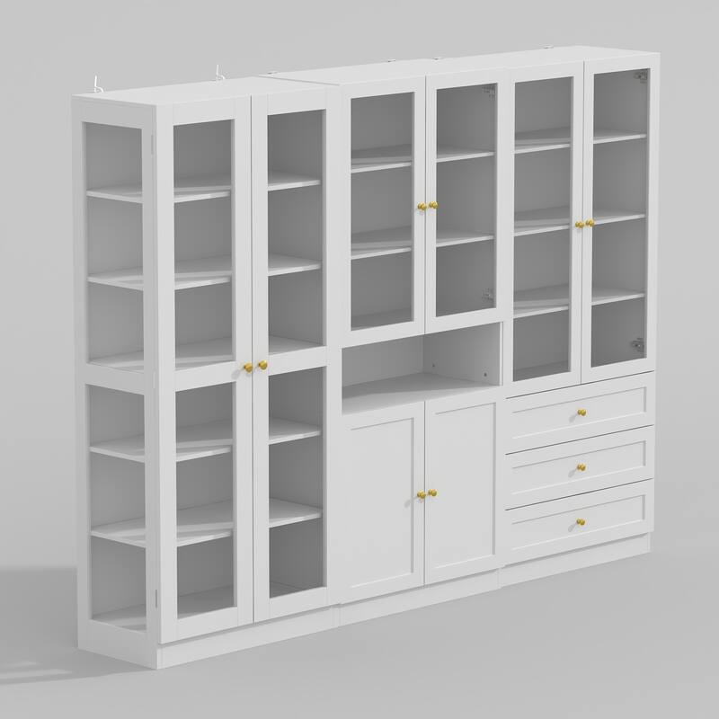 Bookcase Display Cupboard Curio Cabinet 2 Glass Door White Lacquer - 70.9"Hx31.5"W