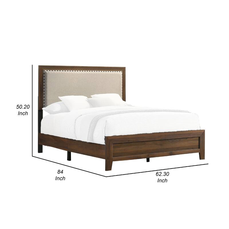 Shannon Queen Bed with Nailhead Trim, Ivory Fabric on Cherry Brown Wood
