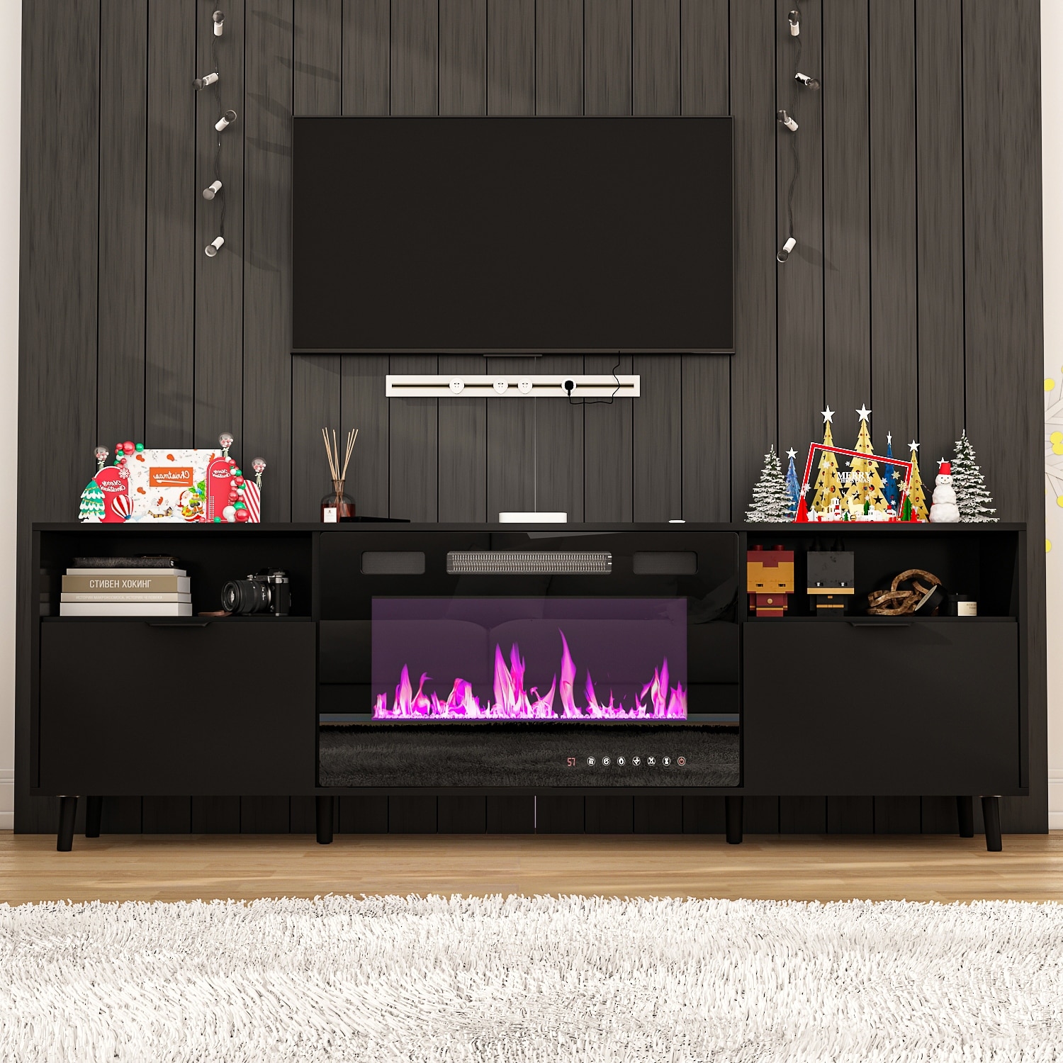 Black tv hot sale console with fireplace