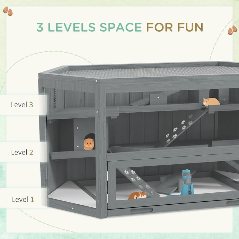Grey Fir Wood 3-Tier Hamster Cage with Clear Walls and Seesaw Toy - 45.3" L x 23.6" W x 21.7" H