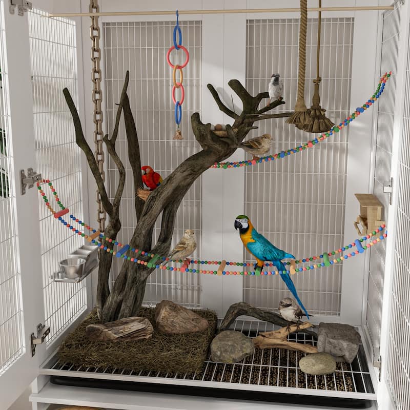 Spacious Indoor Bird Cage Cabinet with Drawers Large Parrot Habitat Bird Cage Furniture - 38.5”x63"