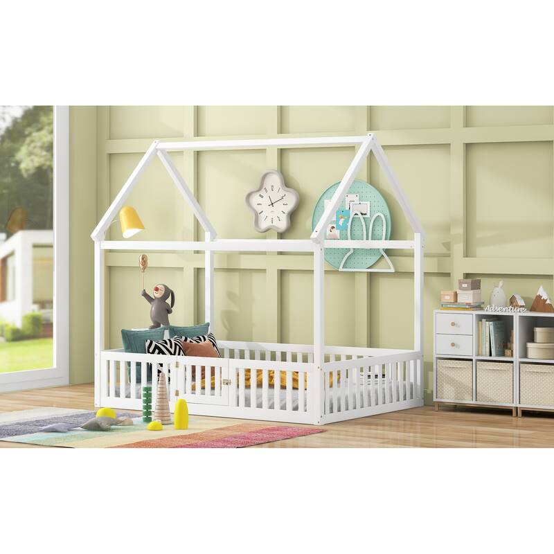Full Size Kids House Bed Frame with Roof, Openable Door & Guardrail, Distressed White Wooden Playhouse Style Platform Bed