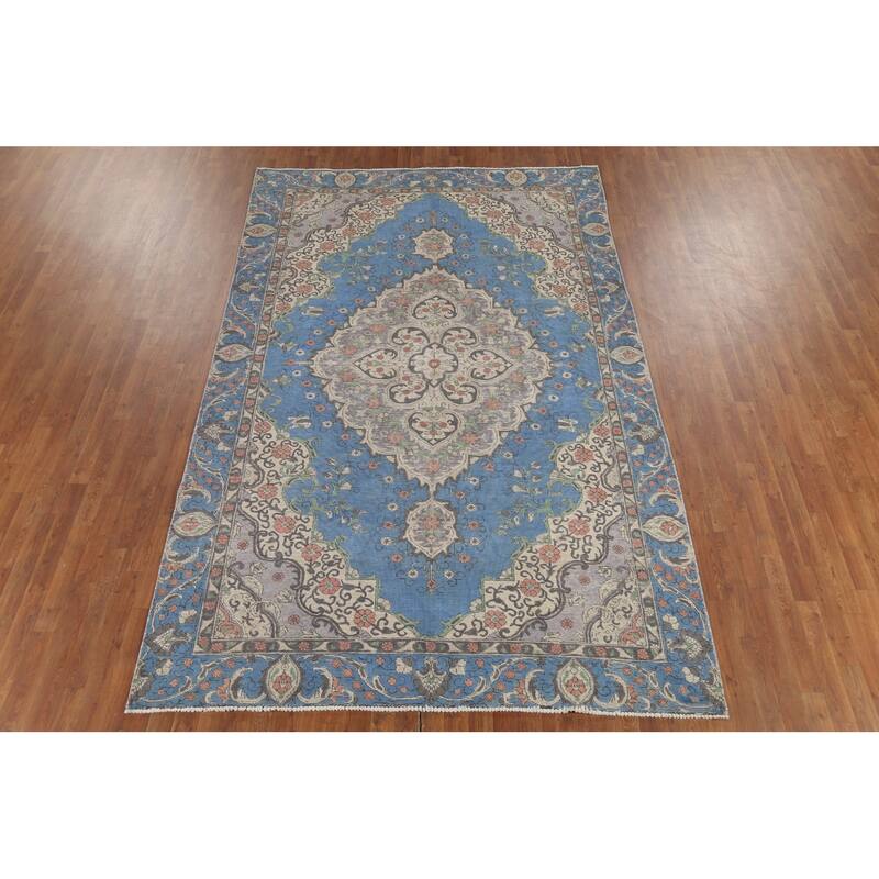 Distressed Blue Tabriz Persian Vintage Rug Hand-Knotted Wool Carpet - 6'10"x 10'8"