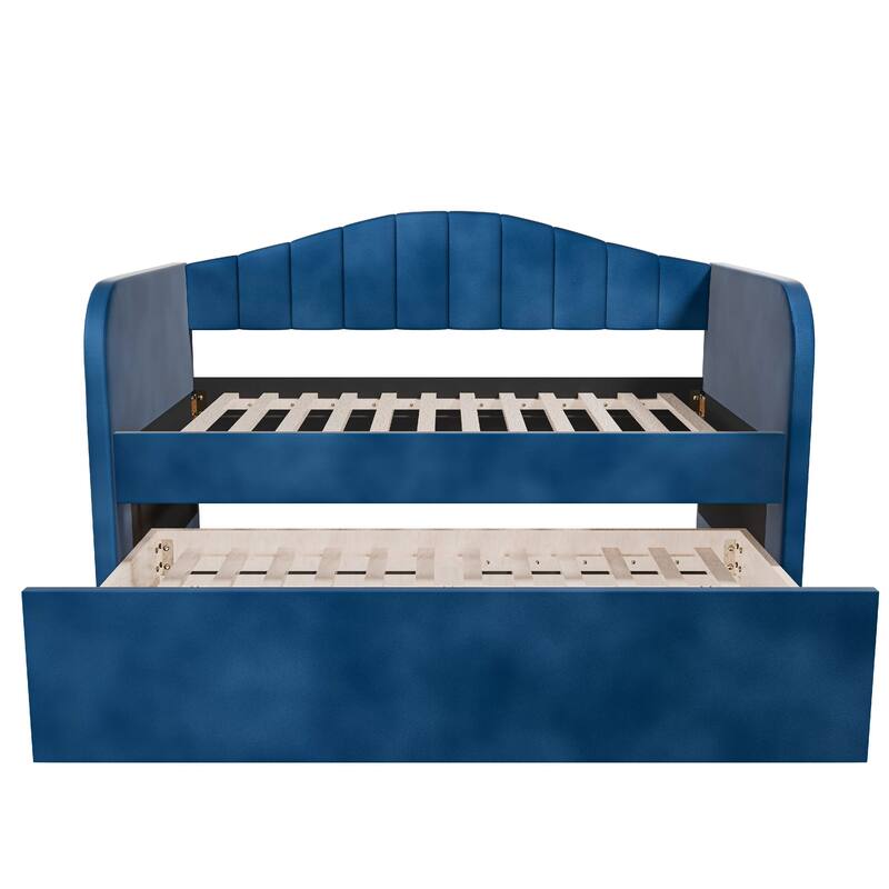 Keo Daybed with Pull Out Trundle, Channel Tufted Modern Blue Velvet