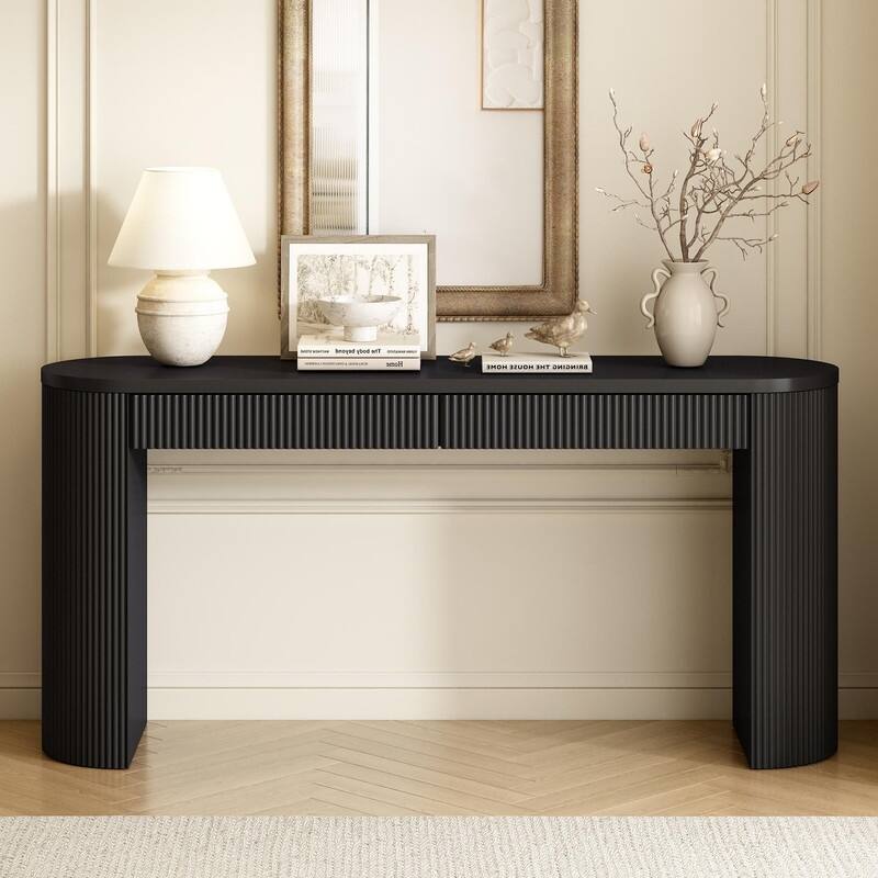 58.2" Wooden Console Table with Solid Pine Wood for Entryway Hallway and Living Room Decor - Black