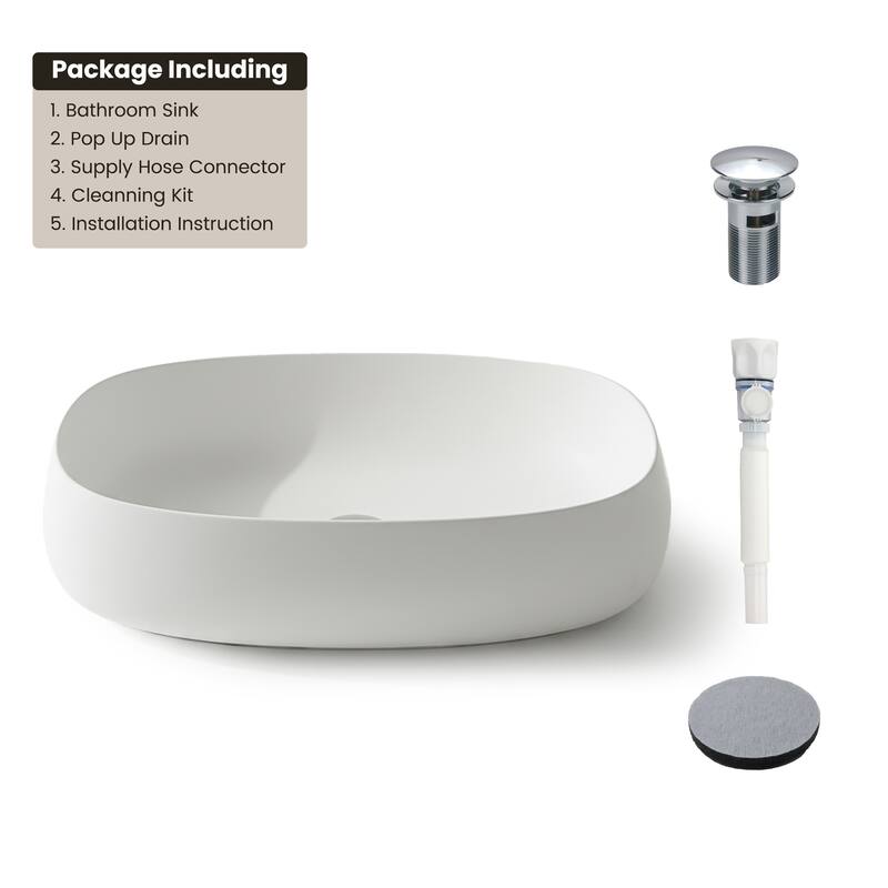Solid Surface Vessel Bathroom Sink with Pop-Up Drain and Drain Hose, Modern Above Counter Wash Basin with Center Drain