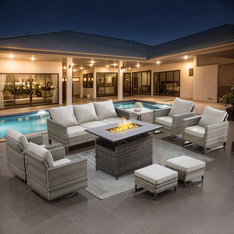 Gymojoy Outdoor Fire Pit Conversation Set, Patio Furniture with Cushions - 9 PCS - Grey Wicker / Beige Cusion