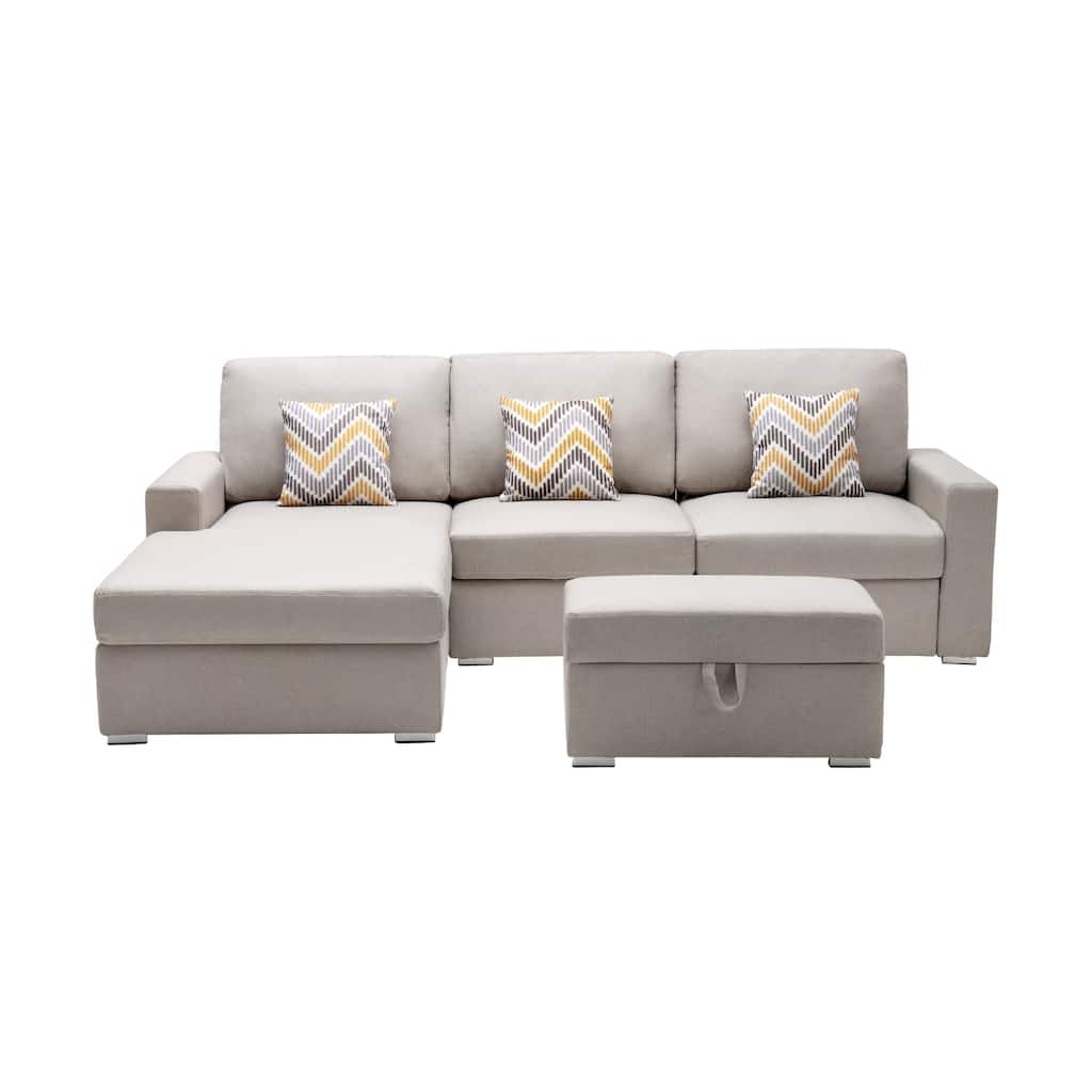 Linen Fabric 4 Piece Reversible Sofa Chaise with Interchangeable Legs, Storage Ottoman, and 3 Pillows in Beige