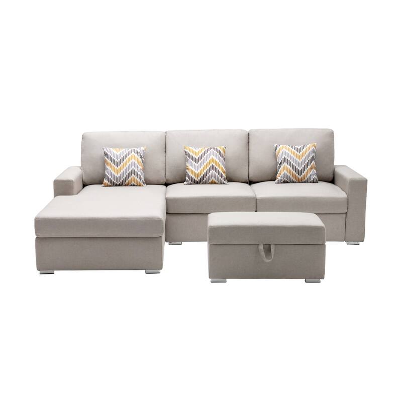 Linen Fabric 4 Piece Reversible Sofa Chaise with Interchangeable Legs, Storage Ottoman, and 3 Pillows in Beige - 4 Piece - Beige