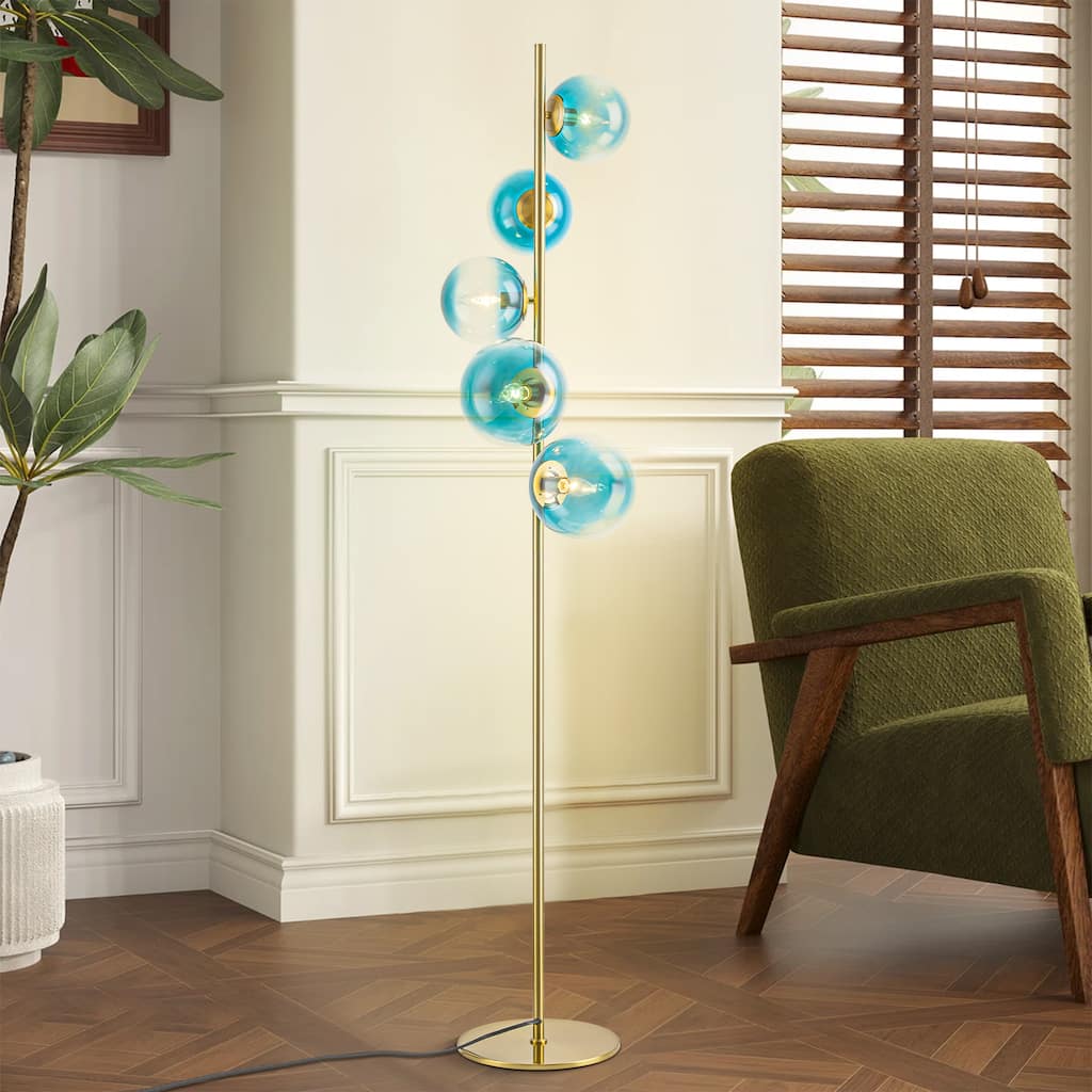 Rennnsan 5-Light Modern Dimmable Gold Gradient Blue Glass Floor Lamp for Living Room - 11 in. W x 66.9 in.H
