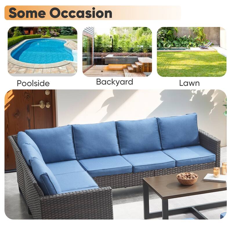 Outdoor PE Wicker Conversation with Fire Pit Table - Blue cushion - Brown