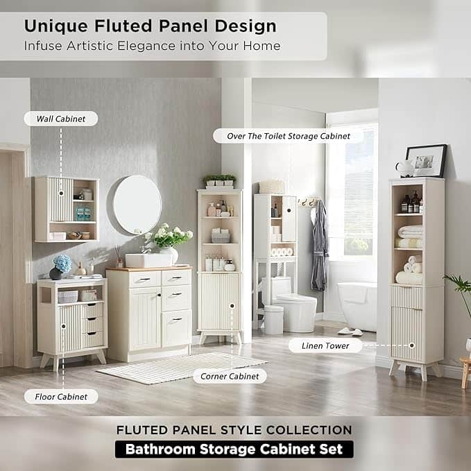 Modern Bathroom Floor Cabinet, Storage Organizer w/Faux Marble Top