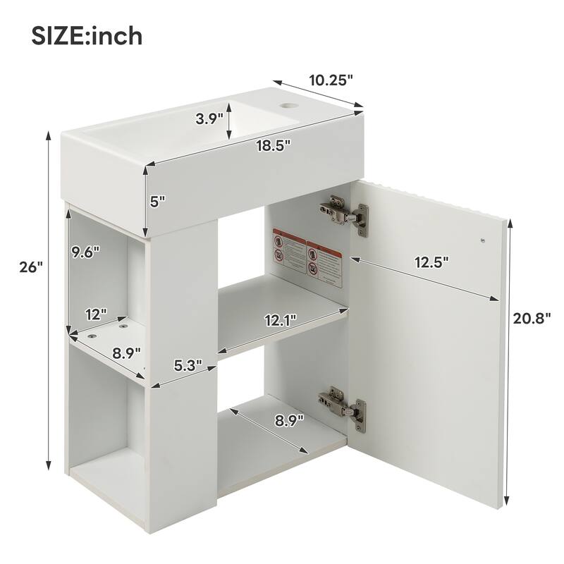 18.5" Wall-Mounted Bathroom Vanity with Resin Sink, Left Side Storage, Soft-Close Door, Compact Design for Small Spaces