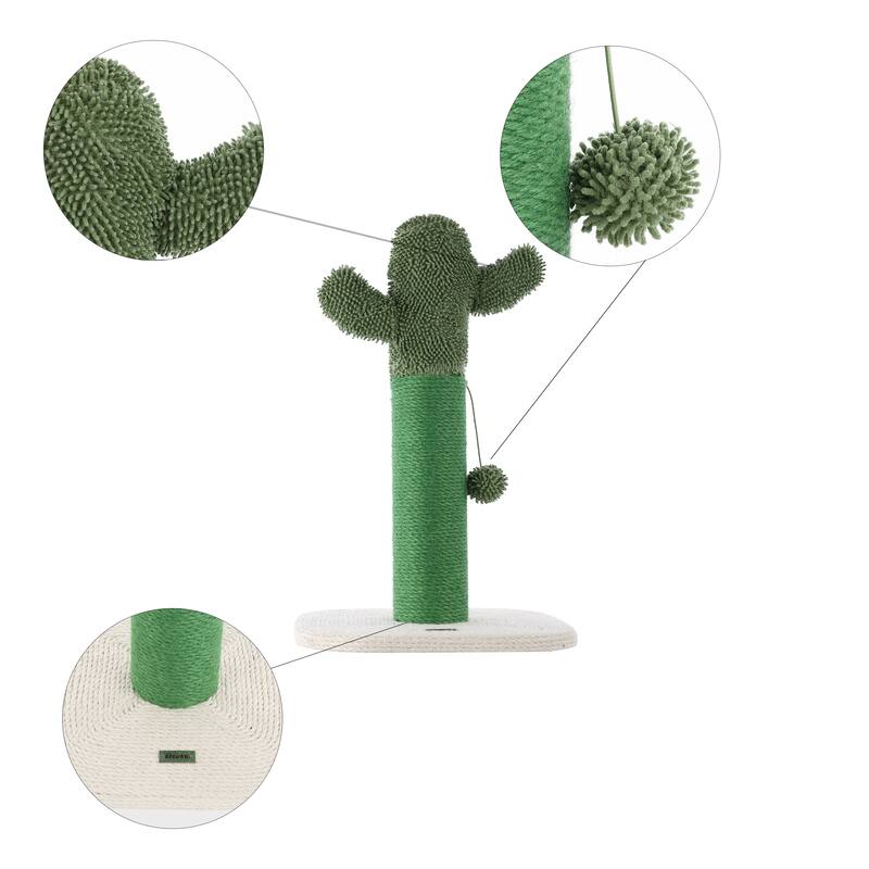 Pecos 21" Modern Jute Cactus Cat Scratching Post with Fuzzy Toy, Green/White