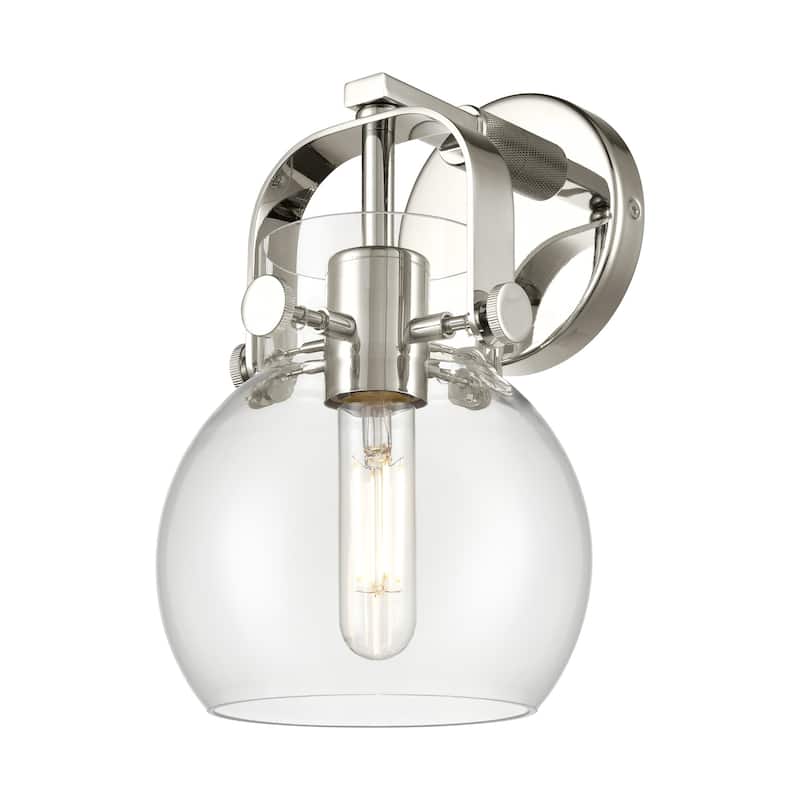 Innovations Lighting 423-1W-5-7 Pilaster II Sphere Sconce Pilaster II - Polished Nickel / Clear