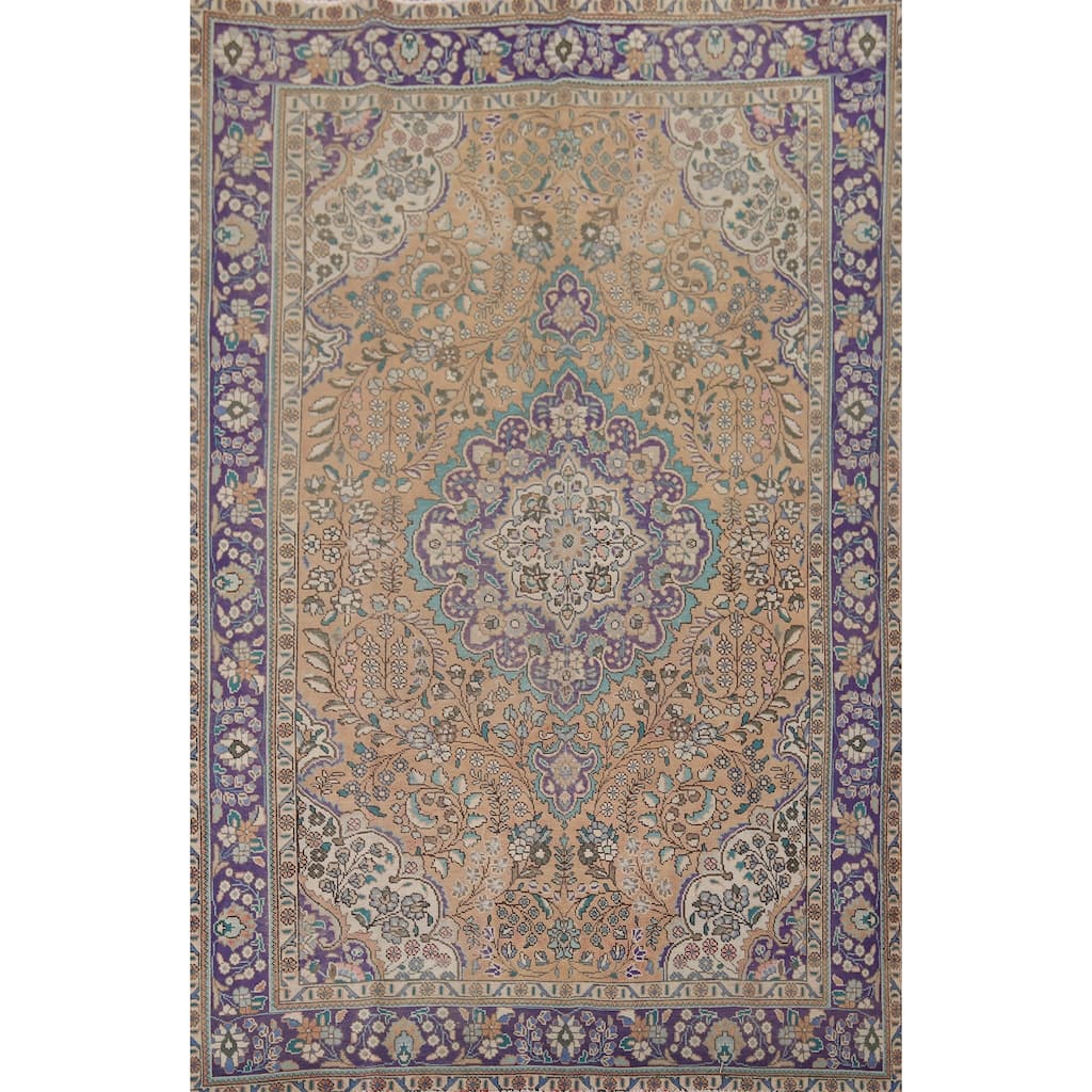 Tabriz Persian Vintage Area Rug Hand-Knotted Floral Wool Carpet - 6'7" x 9'8"