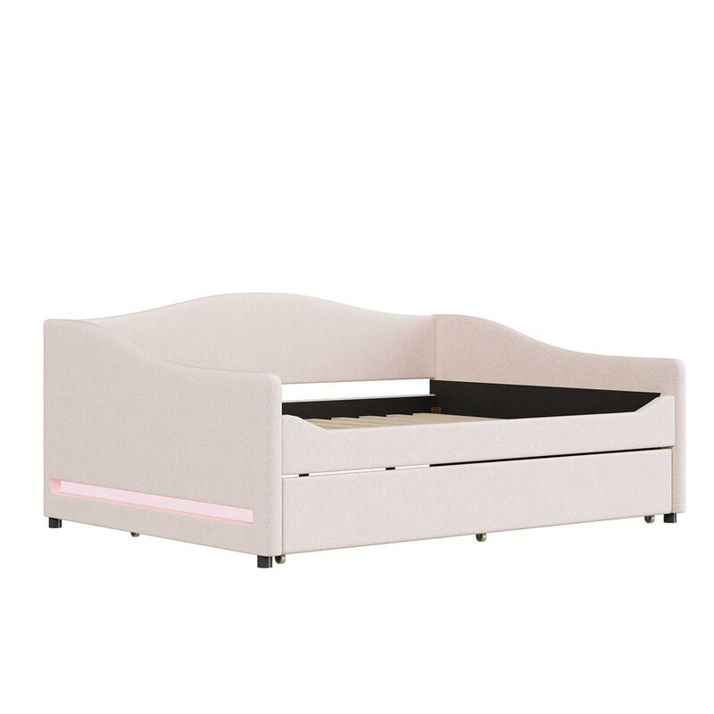 Full Size Upholstered Daybed with LED Light and Trundle