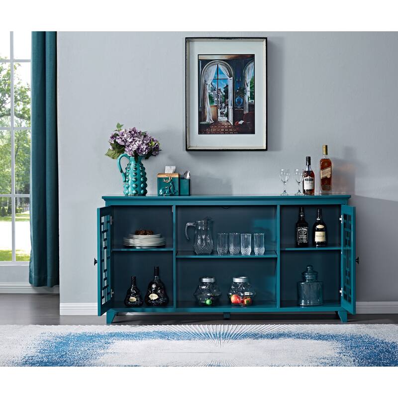 Modern Sideboard Storage Cabinet with Adjustable Shelves, Tempered Glass and Exquisite Hardware Accessories, Teal Blue