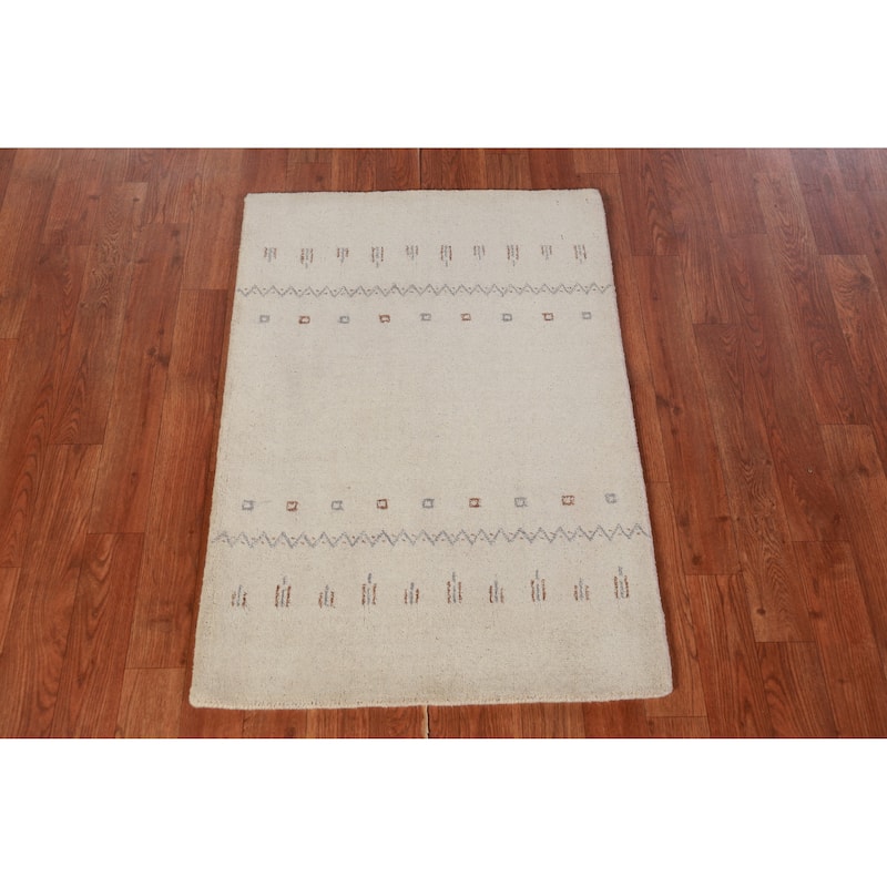 Hand Knotted Oriental 100% Wool Carpet Tribal Tribal Beige & Ivories Gabbeh Area Rug - 3' 0'' X 2' 0''