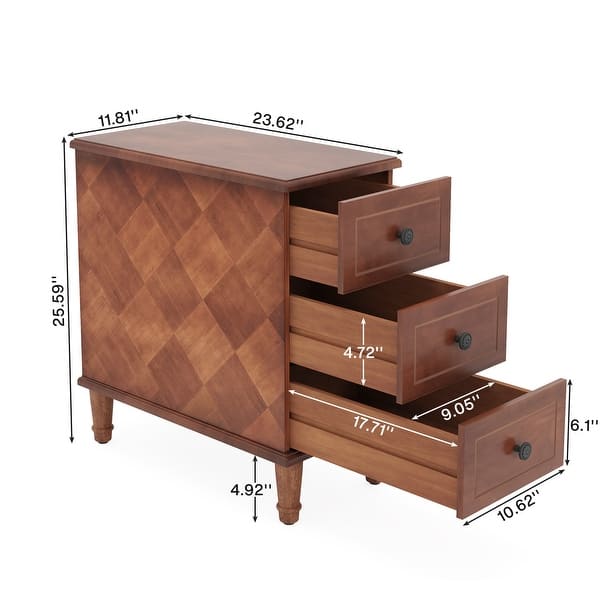 dimension image slide 2 of 3, Fully Assembled Narrow End Table, Solid Wood Side Table with 3 Drawers, Vintage Nightstand Slim Bedside Table for Small Spaces