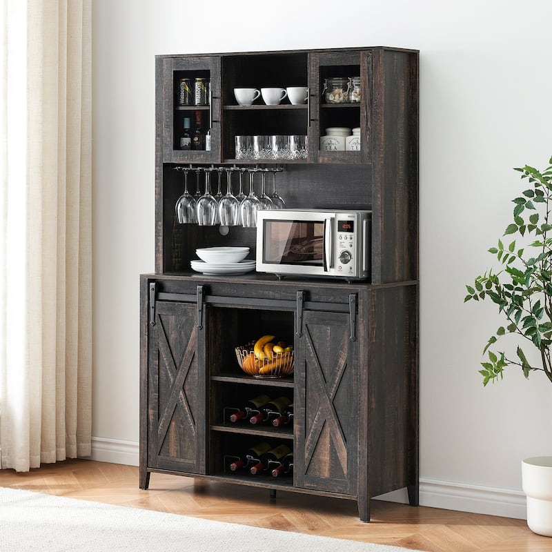 42.5-inch Farmhouse Wine Cabinet with Sliding Barn Door - 15.7"D x 42.5"W x 69.6"H - Taupe