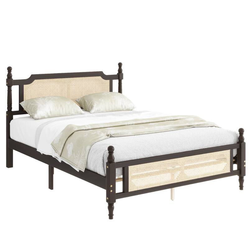 Queen Size Platform Bed with Rattan Headboard, Underbed Storage, Solid Pine Wood Frame, and Easy Assembly