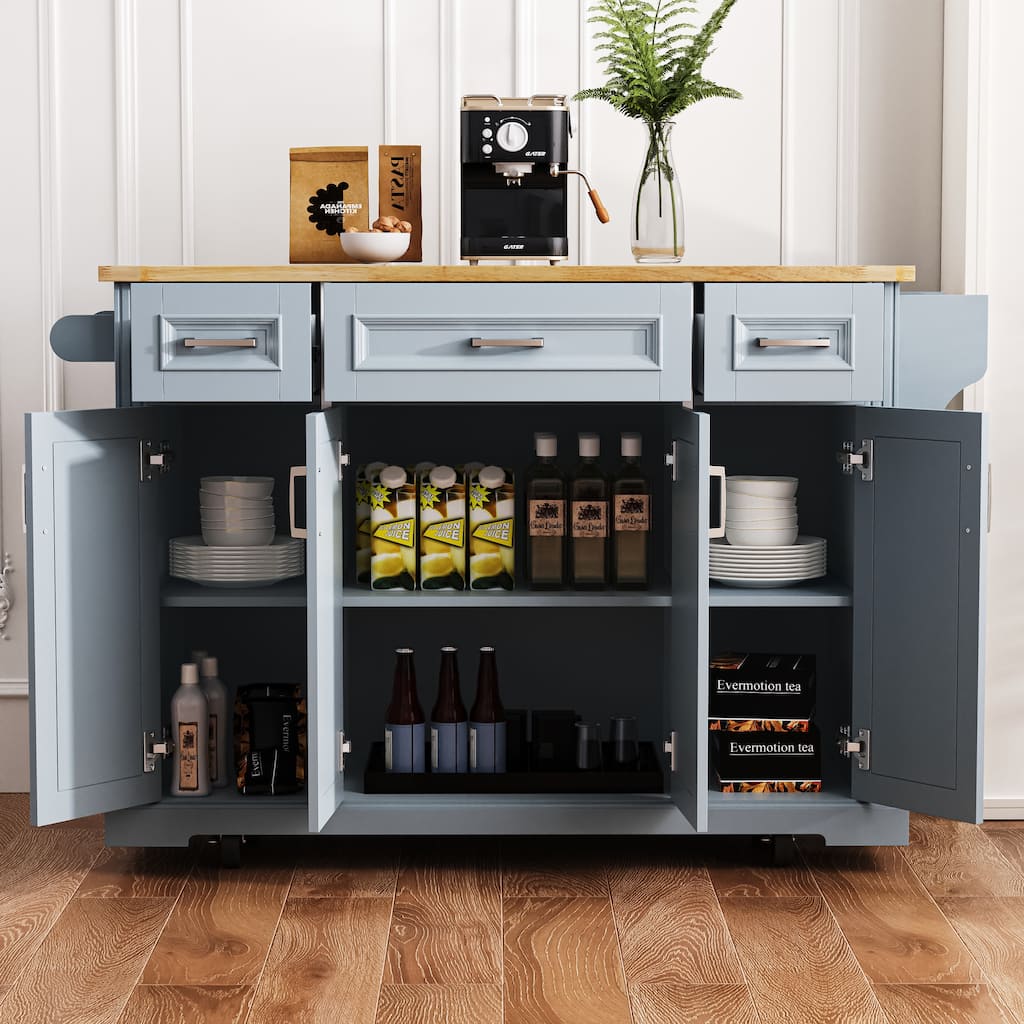 54" Large Rolling Kitchen Island with Rubber Wood Drop Leaf - Embossed Texture Storage Cart with 4 Doors & 3 Drawers for Kitchen