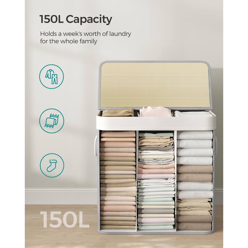 Laundry Hamper, 39.6 Gallons (150L),3-Section Laundry Basket, Laundry Hamper with Lid, Bamboo,Removable & Machine Washable Liner