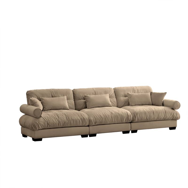 3 Seat Modern Velvet Sofa, Oversize Sofa, Clould Like Comfortable Seat And Back Support, With Waist Pillows And Throw Pillows - Camel
