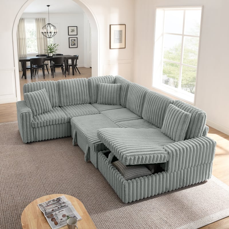 Corduroy Upholstered Reclining Sofa U-shaped Sleeper Sectional Couch with Pull Out Bed, Storage Chaise and Adjustable Backrests